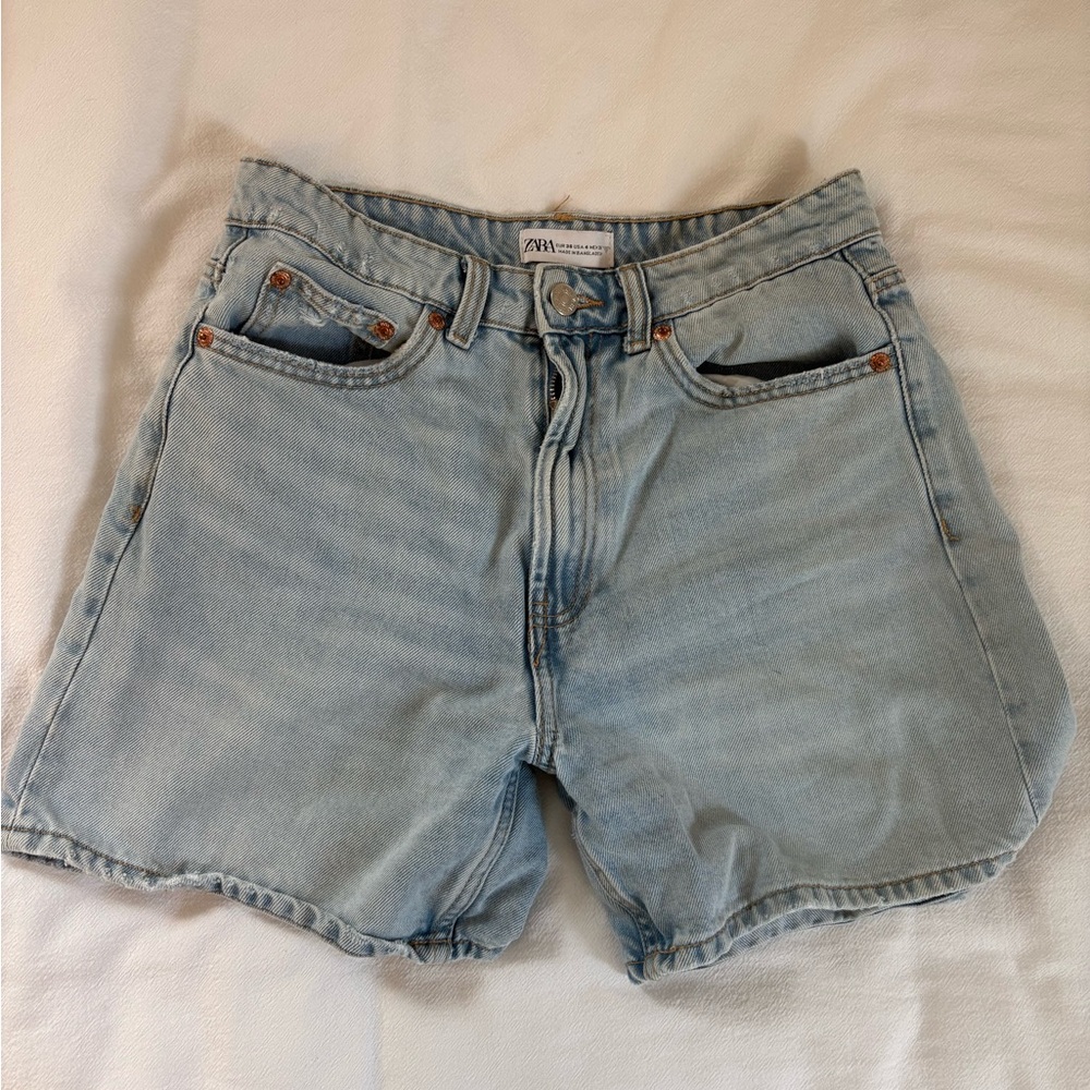 Zara Pale Blue High-Rise Denim Shorts
